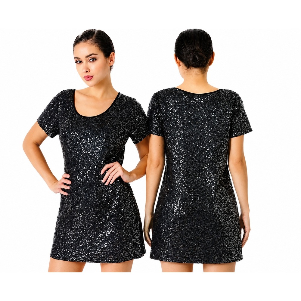 Victoria's Secret Sequin Shift Dress Women M Black Mini Short Sleeve Party Dress